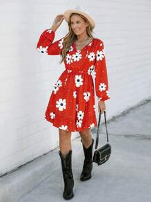 SHEIN LUNE Colorful Flower Prints Midi Dresses,Suitable For Christmas - Multicolor - View 1