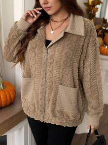 SHEIN LUNE Plus Size Podwójna kieszeń Opadające ramię Zamek błyskawiczny Flanelowa kurtka Zimowe ubrania dla kobiet Nowości Strój damski Strój świąteczny Termiczny - Kawowy brązowy - Zobacz 5