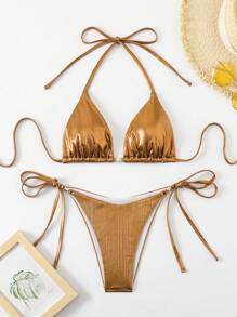 2pcs/Set Women Summer Metallic Triangle Bikini Top And Side Tie Bottoms Swimwear Set For Beach - Rust Brown - View 3