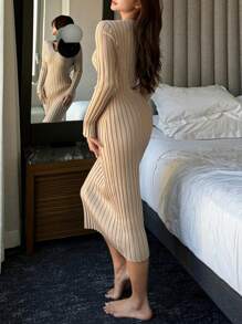 DAZY Vestido de casa ajustado de punto con agujero grande, pijama de otoño e invierno, minimalista