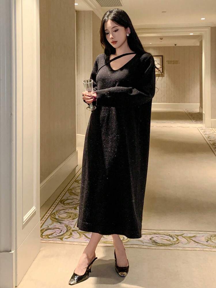 Women Casual Hollow Out Neck Knitted Long Dress, Autumn/Winter,Fall Women Clothes Women Sweater Dresses