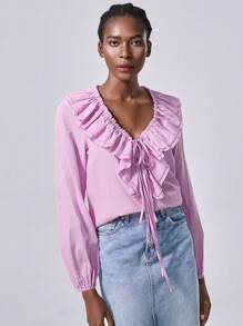 Chiquease 女士亚麻外观衬衫，带可调节饰边，V 领，宽松长袖，弹性袖口，同色面料分层装饰 - 紫丁香色 - 查看 1