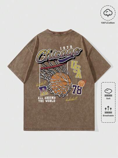 Prep Men's Basketball Print Drop Shoulder Casual Basketball Jersey Style T-Shirt, School