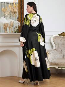 Modelyn Plus Size Women Floral Print V-Neck Lantern Sleeve Long Elegant Dress Long Evening Dresses