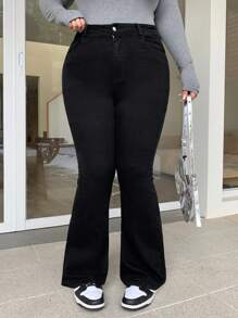 Dazy Plus Plus Size Women Solid Color Pockets Fitted Stretchy Flare Leg Long Jeans - Black - View 8