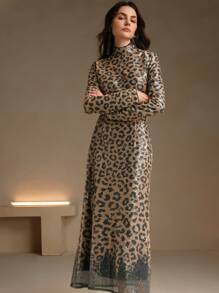 Anewsta Vestido de fiesta con cuello alto, estampado de leopardo con lentejuelas, largo, para mujer, outfit para fiestas - Marrón - Ver 7