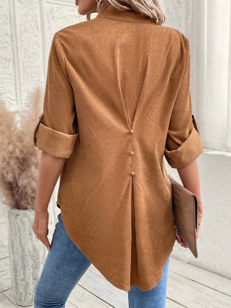 Freizeithemd mit V-Ausschnitt und Rollärmeln für Damen, einfarbig, minimalistisch und stilvoll