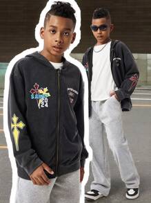 SHEIN Teenage Boys' Graphic Hooded Zip-Up Sweatshirt