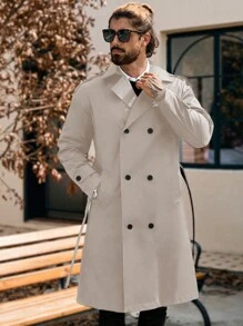 Manfinity Homme 男士纯色双排扣休闲长袖风衣，秋季，风衣，送给男朋友的礼物，老钱风格 - 杏色 - 查看 5