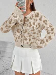 SHEIN Unity Áo khoác cardigan ngắn họa tiết da báo cho nữ, thường ngày cho mùa thu/đông - Màu be - Xem 1