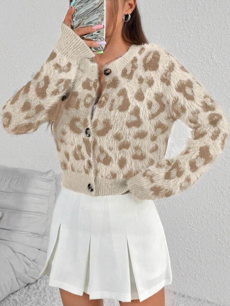 SHEIN Unity Áo khoác cardigan ngắn họa tiết da báo cho nữ, thường ngày cho mùa thu/đông - Màu be - Xem 1