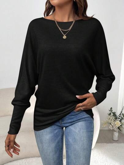 SHEIN Clasi Women Casual Plain Color Bat Sleeves T-Shirt, Autumn