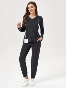 Scrubzie Tricotat cu elasticitate ridicată, care absoarbe umezeala, culoare contrastantă Două buzunare Top pentru uniformă pentru femeie