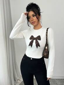 SHEIN Unity Leopard Jacquard Bow Cropped Pullover Sweater - White - View 6