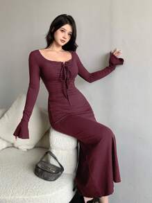 DAZY Váy dài ôm vừa vặn mới cho nữ, mùa thu, váy Milkmaid, quần áo mùa thu cho nữ váy dài tay màu đỏ cho nữ - Màu Đỏ Sâu - Xem 3
