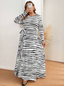 SHEIN Clasi Plus Size Autumn Casual Color Block Striped Dress - Black and White - View 5