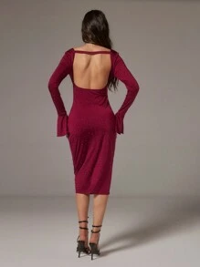 SHEIN Unity 女士圆点印花方领长袖镂空修身优雅中长连衣裙