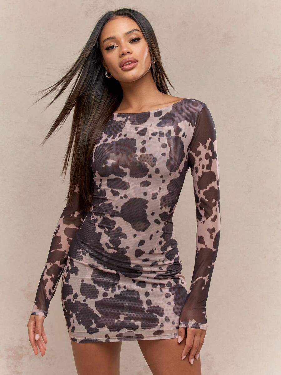 MISSGUIDED Cow Print Sheer Mesh Long Sleeves Ruched Bodycon Mini Dress MISSGUIDED