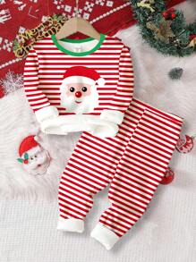 SHEIN Young Boy Casual Cozy Santa Claus Striped Print Long Sleeve Round Neck Top & Pants Loungewear Set, Suitable For Autumn/Winter, Snug Fit, For Christmas
