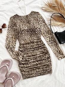 Soleia Women Leopard Knit Round Neck Long Sleeve Bodycon Mini Dress, Fitted Waist, Suitable For Holiday And Party Wear, Autumn/Winter