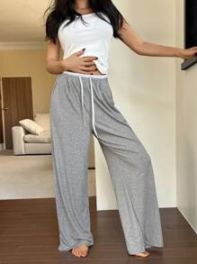 DAZY 宽松款拼色腰带设计家居裤 - 灰色 - 查看 4