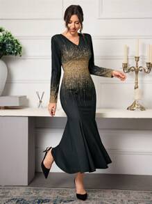 Modelyn Damen Glitzer Blumen Muster V-Ausschnitt Langarm Fischschwanz-Saum elegantes Kleid, Lange Abendkleider für Herbst - Verschiedenfarbig - Übersicht 1