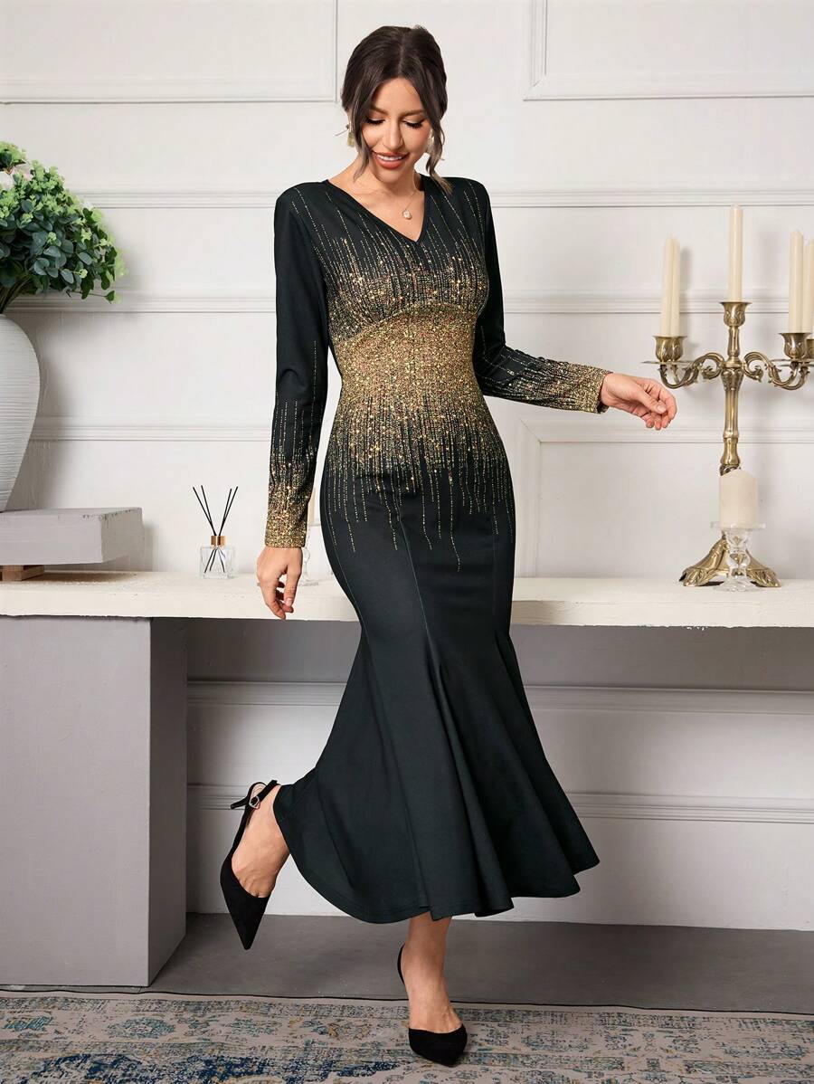 Modelyn Damen Glitzer Blumen Muster V-Ausschnitt Langarm Fischschwanz-Saum elegantes Kleid, Lange Abendkleider für Herbst - Verschiedenfarbig - Übersicht 1