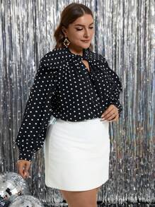 SHEIN Clasi Plus Size Polka Dot Print Tie Neck Long Sleeve Blouse