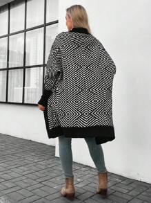 SHEIN LUNE 几何图案灯笼袖长袖开衫、长袖上衣 - 黑與白 - 查看 2