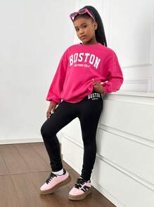 SHEIN Bộ 2 món/Bộ áo len dài tay và quần dài cho bé gái tuổi teen trang phục thể thao thường ngày - Màu Hồng Tươi - Xem 1