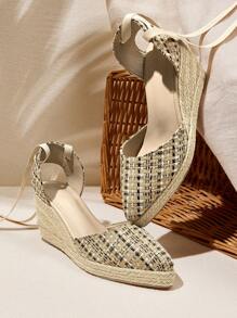 Styleloop 时尚女士帆布厚底坡跟凉鞋，配有性感的交叉绳带，舒适百搭，适合度假/户外穿着，适合圣诞节和新年假期氛围，秋冬季 - 棕色 - 查看 2