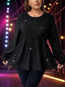 SHEIN LUNE Plus Size Kobiety Jesień/Zima Święta Impreza Długi Rękaw Brokat Casual T-shirt Boże Narodzenie - Czarne - Zobacz 9