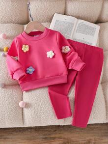 2 件装女婴休闲花卉印花针织运动衫和裤子套装，时尚可爱的秋季服装 - 玫紅色 - 查看 7