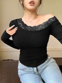 DAZY Áo thun nữ dài tay thêu ren mới thu đông thường ngày - màu đen - Xem 6