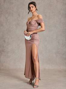 SHEIN BAE Autumn/Winter Solid Color Purple, Purplish Gray, Lotus Root Pink Fitted Ruched Long Sleeve Dress, Suitable For Graduation Party, Formal Occasions, Cocktail Party, Romantic Date, Autumn/Winter Underdress, Gathering Party, Nightclub Party, Formal Gathering, Bridesmaid Mini Dress, Evening Dress, Halloween Dress, Christmas Dress