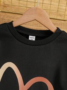 Sparklyn Tween Girl Casual Heart Print Long Crew Neck Sweatshirts, Suitable For Autumn/Winter - Black - View 5