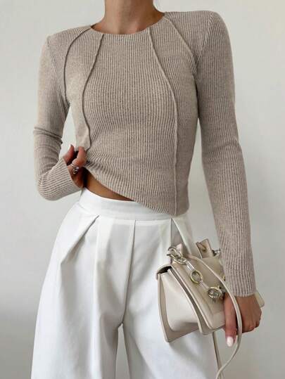 Aalyst Women Casual Ribbed Patchwork Solid Color Round Neck Long Sleeve T-Shirt, Autumn Fall Cloth For Women