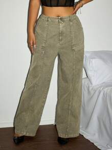 SHEIN ICON Plus Size Women Green Straight Leg Denim Jeans - Army Green - View 4