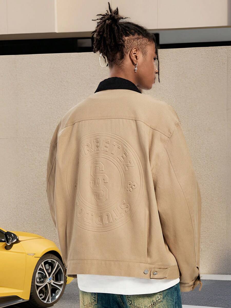 Manfinity VCAY 男士宽松梭织长袖夹克和外套，复古徒步卡其色拼色工装夹克，适合朋友、丈夫、男朋友的礼物，适合秋冬 - 卡其色 - 查看 1