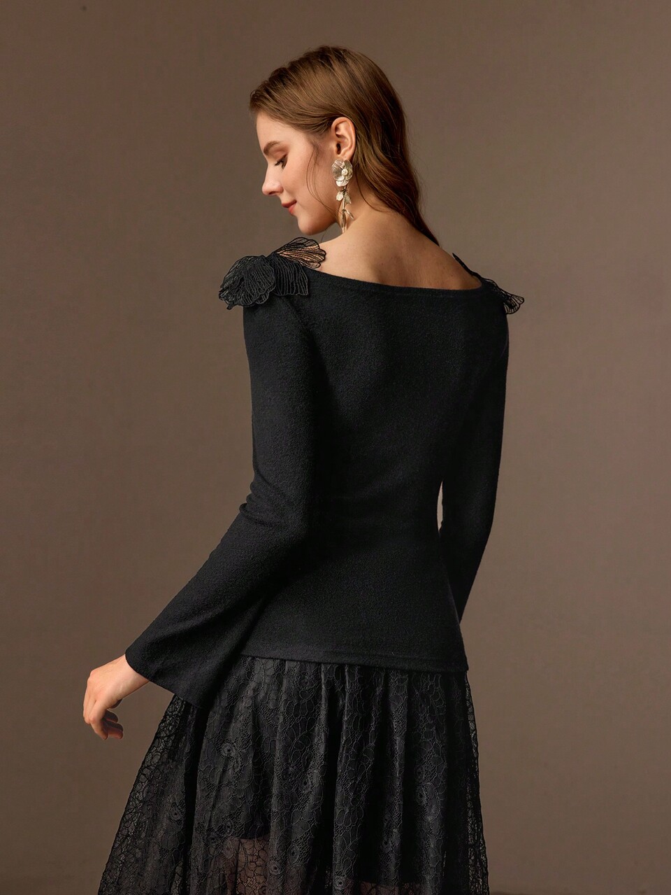 LACE APPLIQUES DETAIL BELL SLEEVE SLIM FIT TOP