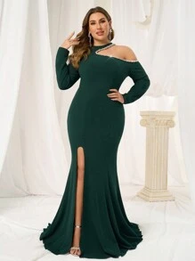 SHEIN Belle 大码优雅绿色针织奢华链条束腰正式长款晚礼服 - 綠色 - 查看 7