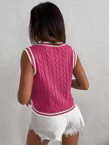 SHEIN Unity 女士秋冬条纹 V 领宽松休闲毛衣背心 - 玫紅色 - 查看 2