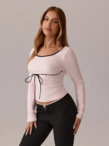 SHEIN SXY 秋冬撞色蕾丝边抽绳领纯色修身长袖 T 恤；粉色上衣；时尚百搭简约 - 珊瑚粉 - 查看 5