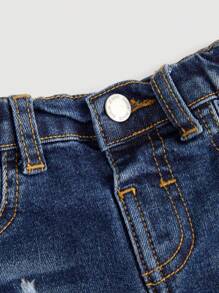 SHEIN Infant/Baby Girl Blue Denim Elastic Distressed Jeans - Dark Wash - View 5
