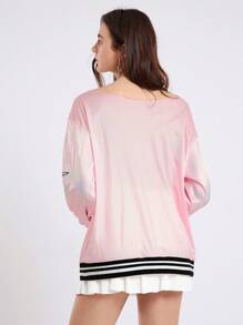 SHEIN EZwear Casual Sports V-Neck Long Sleeve Knitted Pink Mesh Jersey Sweatshirt With Letter & Number Print And Drop Shoulders For Ball Games