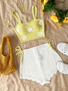 Áo len móc màu vàng đính hoa trang trí WYWH dành cho nữ và quần short trắng có dây rút màu vàng, Bộ trang phục đi nghỉ mùa thu/đông - Nhiều màu - Xem 1