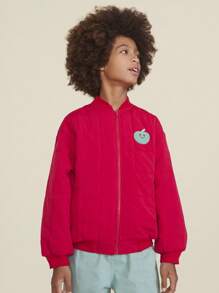 SHEIN Tween Boy 红色立领前拉链宽松日常休闲夹棉外套，秋冬 - 紅色 - 查看 1