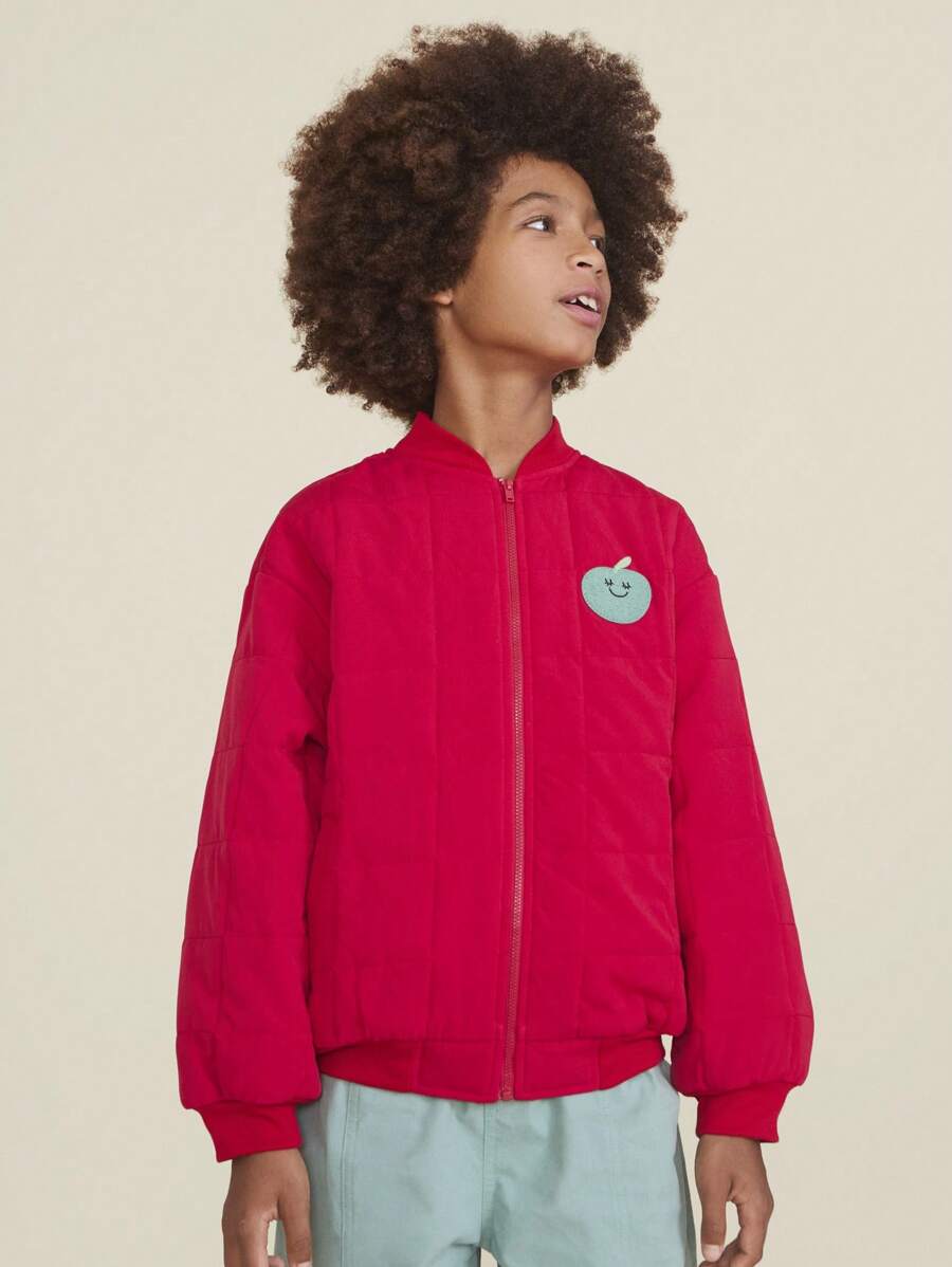 SHEIN Tween Boy 红色立领前拉链宽松日常休闲夹棉外套，秋冬 - 紅色 - 查看 1