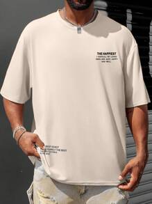 Manfinity Homme 男性加大尺碼口號印花下垂肩t恤 - 卡其色 - 查看 1