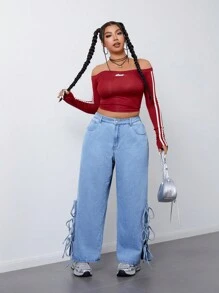 SHEIN EZwear Quần Jeans Denim Thường Ngày Có Túi Cài Nút Phía Trước Cỡ Lớn - Rửa nhẹ - Xem 4